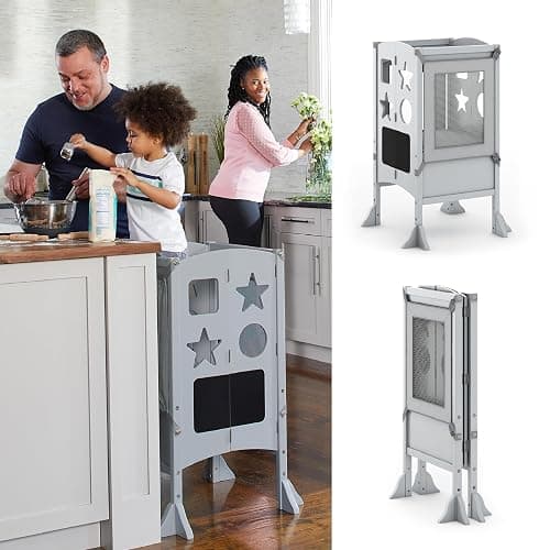 Guidecraft Classic Kitchen Helper® Toddler Tower - Gray: Folding, Adjustable Height, Learning Step Stool for Kids, W/Chalkboard | Montessori Collapsible Safety Non-Slip Platform - Image 1