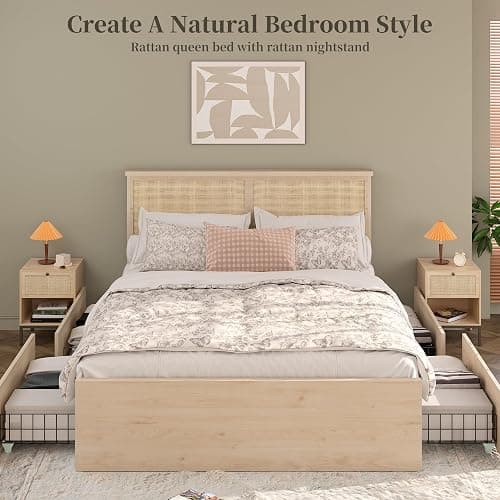 Yechen Queen Bed Frame with Natural Rattan Headboard and Wooden 4 Storage Drawers, Metal Platform with Strong Wooden Slats Support, Boho Cane Bed Mattress Foundation, No Box Spring Needed thumbnail 4