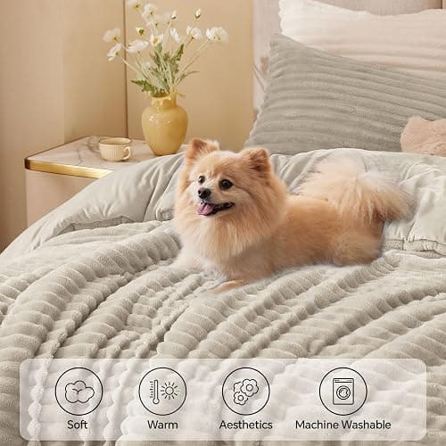 BEDELITE Fleece King Comforter Set -Super Soft & Warm Fluffy Linen Bedding, Luxury Fuzzy Heavy Bed Set for Winter with 2 Pillow Cases thumbnail 3