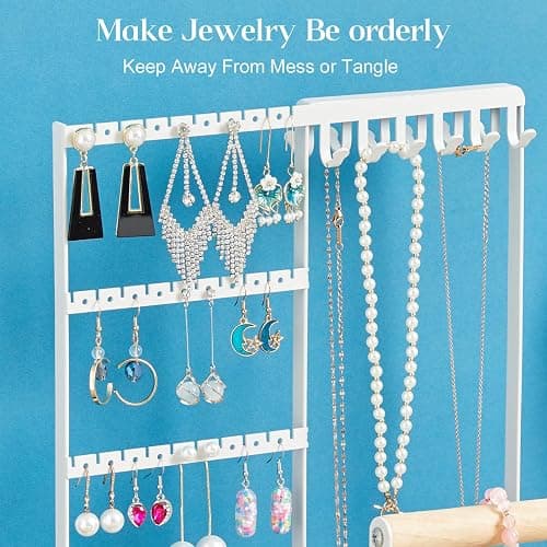 Jewelry Organizer Stand, Jewelry Holder Tree and Storage, Super Large Capacity, 72 Earring Holes, 12 Necklace Hooks, 20 Rings Slot, 2 Bracelet Bars, Assemble Not Required, Size 3.94*9.84*13.78 Inch thumbnail 5