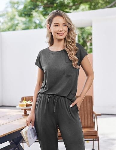 Ekouaer 2 Packs Pajamas for Women Set Cap Sleeve Top and Pants Lounge Set | Soft Comfy Pjs Set Sleepwear with Pockets Loungewear thumbnail 4