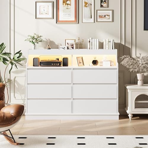 Dresser for Bedroom, 6 Drawer Dresser with LED Lights and Charging Station, Wide Chest of 6 Drawers with Open Space, Modern Large Capacity Storage Cabinet, Living Room, Hallway, White - White thumbnail 7