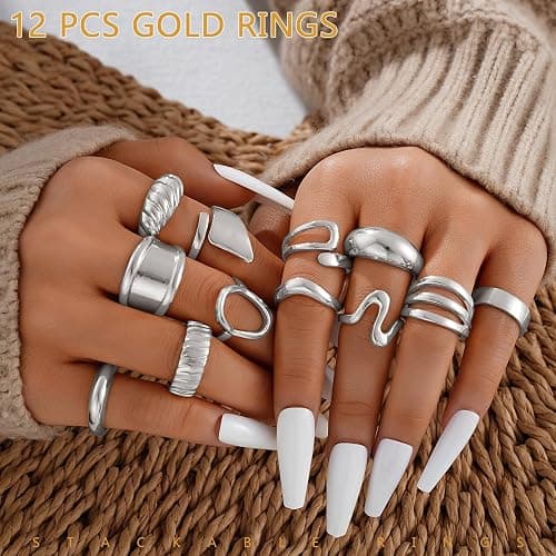 17 MILE Chunky Gold Stackable Rings for Women Non Tarnish, 18K Gold-Plated Statement Open Stacking Rings, Knuckle Band Ring Set thumbnail 5