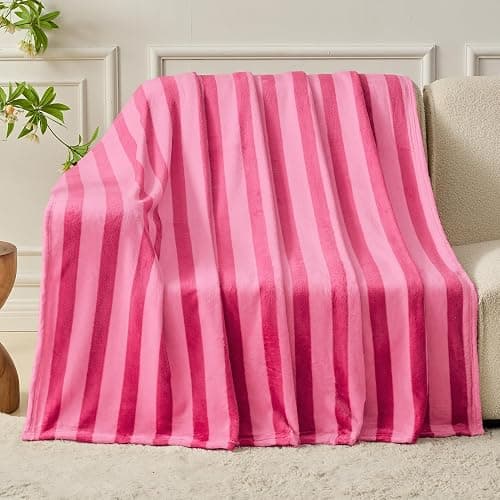FY FIBER HOUSE Striped Flannel King Blanket - Soft Cozy Striped Blanket for Couch, Sofa, or Bed - 90"x108", Hot Pink, All Season Use thumbnail 3