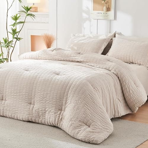 HYMOKEGE Beige Full Size Comforter Sets Seersucker 7 Pieces, All Season Luxury Bed in a Bag for Bedroom, Bedding Set with Comforters, Sheets, Pillowcases & Shams thumbnail 8