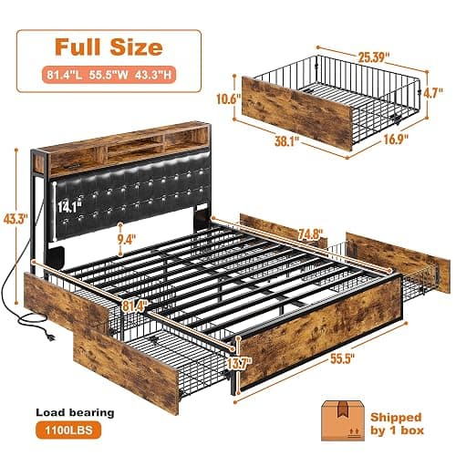 EnHomee Full Bed Frame with 4 Storage Drawers and Headboard Upholstered Bed Frame Full Size with Charging Station, No Noise, Metal Support, No Box Spring Needed,Vintage Brown thumbnail 2