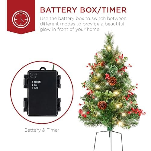 Best Choice Products Set of 2 24.5in Outdoor Pathway Christmas Trees, Battery Operated Pre-Lit Holiday Décor w/LED Lights, Red Berries, Pine Cones - Green W/Berries - 24.5in thumbnail 6