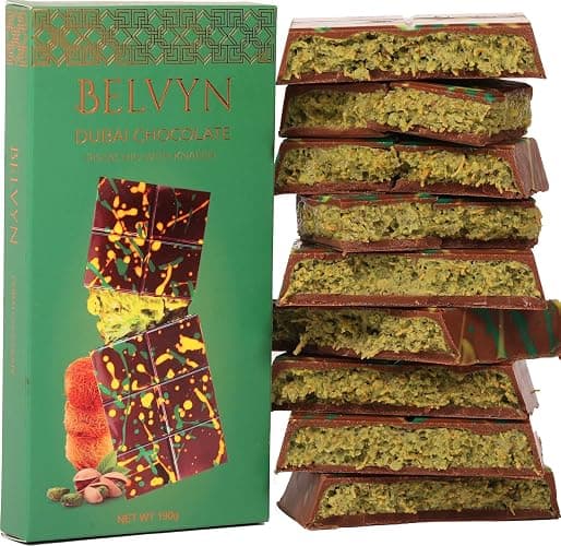 Belvyn Dubai Chocolate Bar Pistachio Deluxe 7 oz Bar, Rich Milk Chocolate, Luxurious Pistachio Filling with Crisp Kataifi Threads, Iconic Dubai Knafeh Treat - Image 1