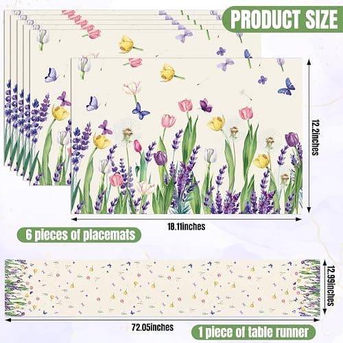 VitalCozy 7 Pcs Spring Table Runner and Placemats Tulip Table Runner Placemats Set 72 x 13 Inch Linen Easter Farmhouse Rustic Floral Lavender Tablecloth for Spring Easter Summer Party Decoration thumbnail 3