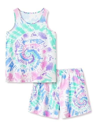 Beezizac Neon Tie Dye Spiral Pattern/Butterfly Pajamas for Girls Tee & Shorts PJ Set Size 6-18 - Image 1