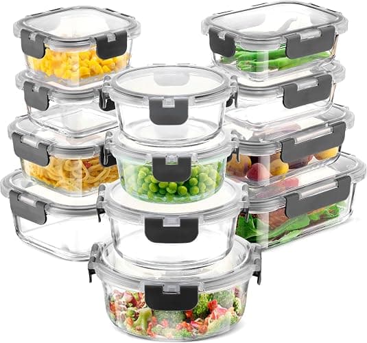 FineDine 24 Piece Glass Storage Containers with Lids - Leak Proof, Dishwasher Safe Glass Food Storage Containers for Meal Prep or Leftovers, Gray - Grey - 24 Piece - Image 1