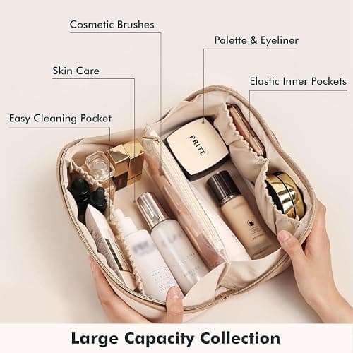 Prite Große Kapazität Kosmetiktasche Tragbare Reise Make Up Tasche wasserdichte PU-Leder Schminktasche oder Kulturbeutel mit Transparente Trenner und Griff(Beige) thumbnail 4