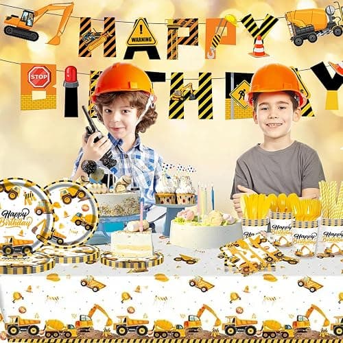 194Pcs Construction Plates Birthday Party Supplies Decorations Serve 24 | Includes Napkins Cups Tablecloth and Banner | Boys Construction Themed Birthday Party thumbnail 2