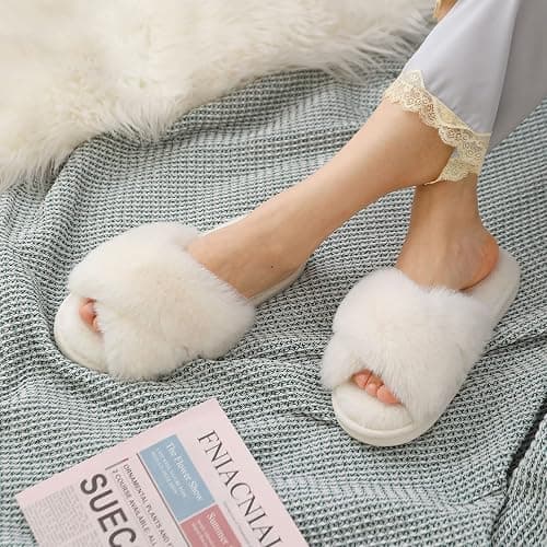 Evshine Women's Fuzzy Slippers Cross Band Memory Foam House Slippers Open Toe thumbnail 6