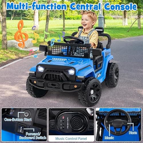 Costzon 12V Kids Ride on Car Truck with Remote Control (Blue, 34"×23"×21") | Foldable Mirrors, 3 Speeds, LED Lights, Music & Horn, Battery Powered Electric  Vehicle for Toddlers, Ride on Toys thumbnail 5