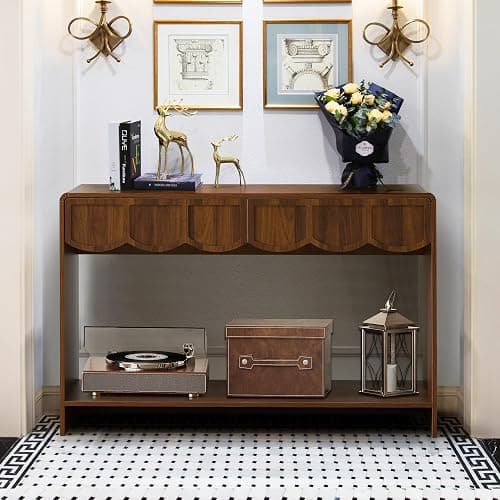 Console Table with Drawers, Mid-Century 43 Inches Narrow Entryway Tables with Open Storage Shelves, Hallway Accent Tables Behind Couch Table for Living Room - Walnut - Walnut thumbnail 4