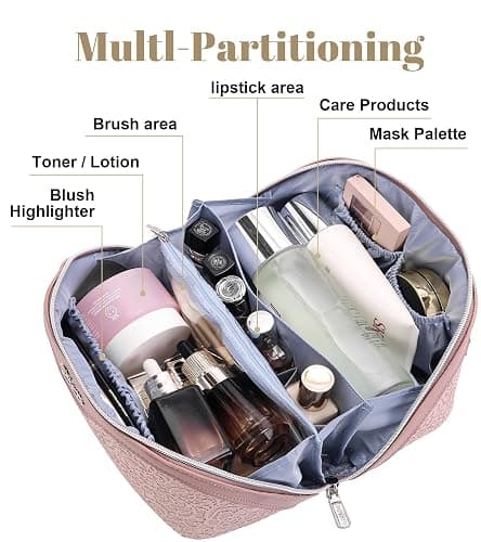 BOYATU Travel Makeup Bags Cosmetic Organizer Bag: 3-Set Large Capacity Make up Bag - PU Leather Toiletry Bags for Women - Wide Open Portable Pouch with Divider & Handle (A-Light Pink) thumbnail 3