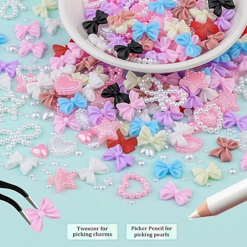 600 Pcs 3D Nail Charms and Flatback Pearls Set 5, 8 Colors Nail Bows Charm + Pink&White Star Heart Moon Cute Nail Jewels + 2-4mm White Nail Pearls for Nail Art DIY Decoration with Pickup Tools thumbnail 3
