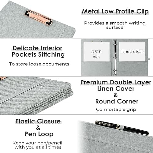 EYROZILL 3 Ring Binder, 1 Inch Linen Binder Organizer for Letter Size (8.5" x 11") with 5 Tab Dividers, File Folder Labels and Low Profile Clipboards, School and Office Supplies-Light Grey thumbnail 6