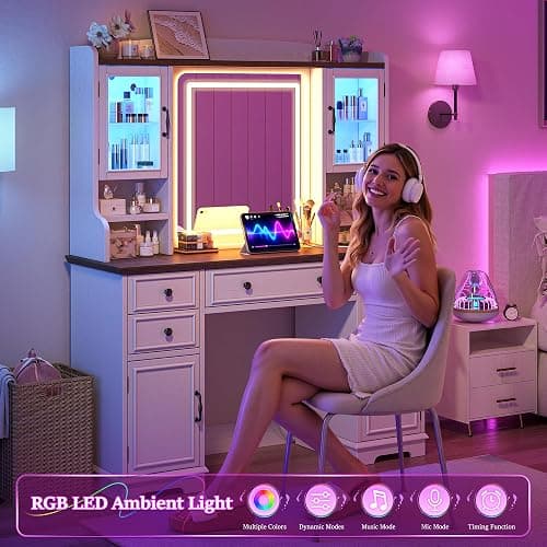 EnHomee Vanity Desk with Mirror and Lights, 43" White Makeup Vanity Desk with 5 Drawers & 2 RGB Glass Cabinets, Adjustable 3 LED Lights for Bedroom, Farmhouse Dressing Table for Women thumbnail 4