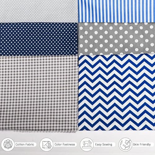 100% Cotton Printed Cloth, Fat Quarters Fabric Bundles, Blue & Grey Stripe, Polka Dot, Wave, Gingham Patterns, 6 Pcs Quilting Patchwork Fabric, 18"x22", for Sewing DIY Crafts thumbnail 6