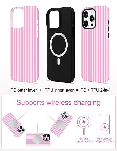 Jusy Magnetic Striped Phone Case for iPhone 12/12 Pro,Dark Pink | Compatible with MagSafe, Cute Aesthetic Striped Design, TPU and PC Protective Shockproof Cover thumbnail 4