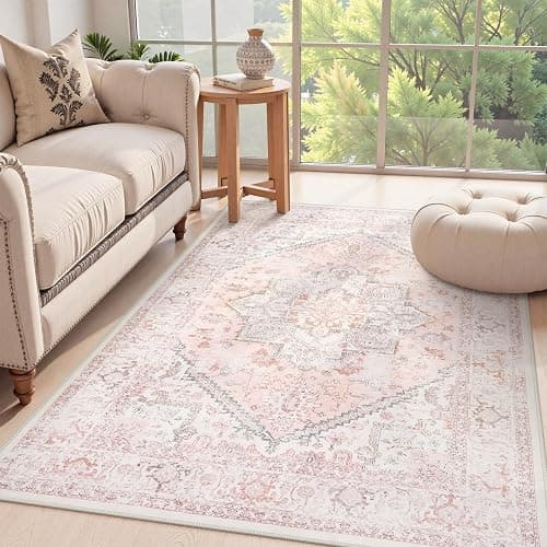 LIVEBOX Area Rug Pink 4x6 - Oriental Floral Bedroom Rug Vintage Low-Pile Indoor Rugs for Kids Room, Non-Shedding Retro Carpet, Accent Rugs for Kitchen Entryway Office Camper Pink - Image 1