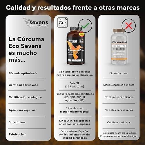 Cúrcuma con Jengibre y Pimienta Negra - 1410 mg por Dosis - 365 Cápsulas Formato Ahorro XL - Cúrcuma ECO en Cápsulas Veganas - Antiinflamatorio Natural - Apoyo Óseo y Articular - Sevens thumbnail 7