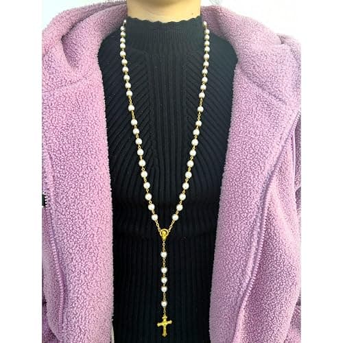 Rosary Beads Catholic for Women Girls, First Holy Communion Rosary Gifts for Girls Catholic, Gold White Rosary Necklace for Women Imitation Pearl Beads Necklace Rosarios Catolicos thumbnail 6