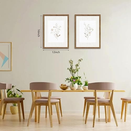 Neutral Wildflower Wall Art Set of 2, Vintage Flower Botanical Wall Decor Painting, Rustic Cottagecore Striped Floral Prints Pictures for Living Room Bedroom 12x16 Inch Framed thumbnail 3