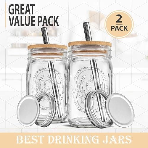 MEM WORLDSHOP Wide Mouth Mason Jars 32 oz - (2 Pack) - Wide Mouth 32-Ounces Quart Mason Jars with Reusable M.E.M Bamboo Lids & Stainless Steel Straws - For Smoothies, Milk Shakes, Iced Coffee, Tea thumbnail 5