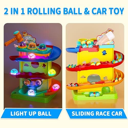Funwee 2-in-1 Rolling Ball & Racing Car Ramp Toy for Toddlers, Race Track Hammer Lights Ball Drop, Interactive Montessori Learning Game Birthday Gift Idea for Kids 1 2 3 4 5+Year Old Girl Boy(Yellow) thumbnail 4