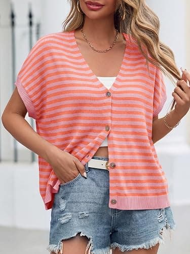 Saodimallsu Womens Summer Oversized Cardigans Batwing Short Sleeve Lightweight Button V Neck Casual Knit Sweater Tops thumbnail 3