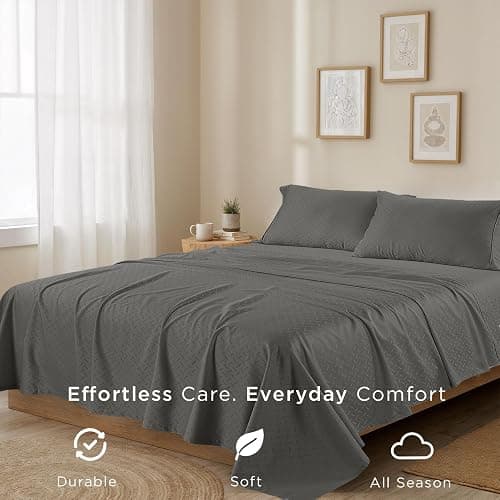 Threadmill Cotton Twin XL Sheet Set | 100% Cotton Sheets for Twin XL Size Bed | Damask Jacquard Sateen Twin XL Bed Sheets Set with 16” Deep Pocket | Soft Breathable 3-Piece Cooling Sheets | Dark Grey thumbnail 5