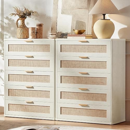 LEYAOYAO Rattan Dresser for Bedroom 41" Tall Chest of Drawers, Modern 5 Drawers Boho Dressers with Storage, Light Oak Dresser Wooden Closet Organizer for Living Room, Hallway, Grey White thumbnail 4