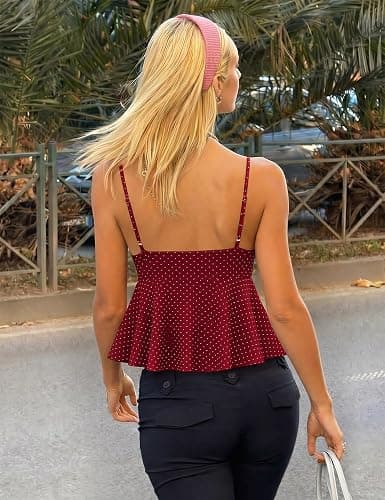 Lingswallow Women's Polka Dot Top Babydoll Tank Top V Neck Top for Summer | Retro Polka Dot, Cropped Babydoll, V Neck Camisole, Flowy Pleated Peplum Hem, Adjustable Shoulder Straps, Daily Casual Wear thumbnail 3