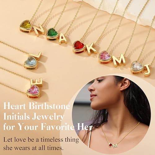 Esrial Heart Birthstone Initial Necklace for Women Girls,14K Gold Plated Heart Letter A-Z Necklace Birthday Trendy Jewelry Gifts for Women Girls Daughter thumbnail 4