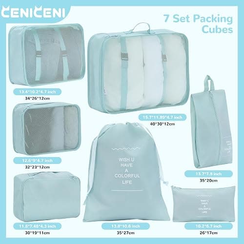 CENICENI 7 Set Packing Cubes for Travel, Gifts for Women Mom, Suitcase Organizer Bags for Luggage with Hanging Toiletry Bag and Shoe Bag, Vacation Essentials Travel Accessories Baby Blue thumbnail 2