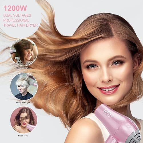 DAN Technology Travel Hair Dryer,Dual Voltage HairDryer,Mini Blow Dryer with Concentrator,Small Hair Dryer with Diffuser,European hairdryer with European Plug,Pink Blow Dryer for Women thumbnail 6