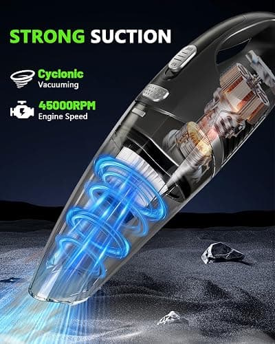 Handheld Vacuum Cordless, Rechargeable Car Vacuum Cleaner with Multiple Attachments, Portable Hand Held Vacuum Suction Power, Mini Vacuum for Car, Home, Pet Hair, Office, Desk, Keyboards Black Silver thumbnail 2