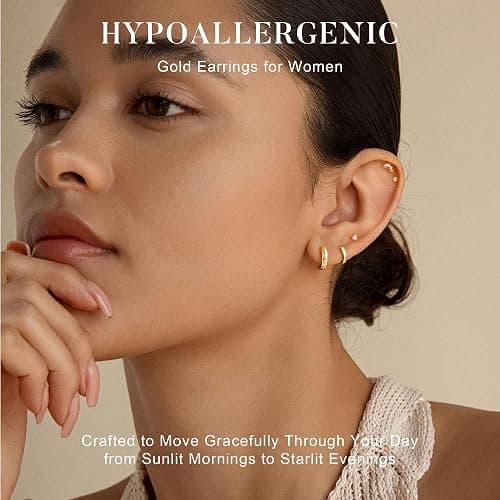 Turandoss Gold Stud Hoop Earrings for Women, Hypoallergenic 14K Gold Plated Small Huggie Hoop Earrings Flat Back Cartilage Earring Stacks Set for Multiple Piercing Gold Earrings for Women thumbnail 2