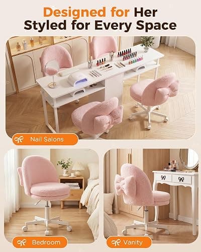 GTPLAYER Velvet Tall Office Chair with Wheels Vanity Chairs with Back, Versatile Height Use: Office to Bar Stools Small Ergonomic Comfy Armlees Computer Desk Chair with Bow Lumbar Pillow for Gift thumbnail 9
