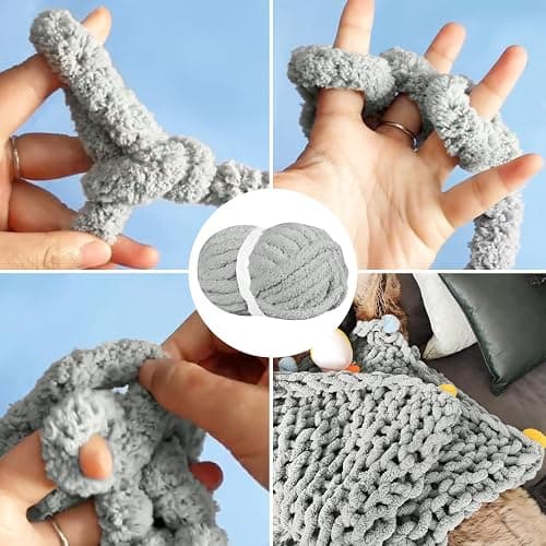 BSRHOME Chunky Chenille Yarn for Hand Knitting,Fluffy Soft Jumbo Yarn by Circular Needle & Crochet Hook,Super Bulky Big Yarn for Chunky Blanket,Large Thick Arm Knitting,1 Pack,Light Grey thumbnail 4
