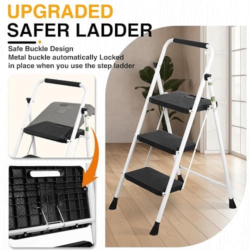 3 Step Ladder, Portable Steel Folding Step Stool with Wide Anti-Slip Pedal & Convenient Handgrip, 500lbs Sturdy Steel Ladder, White thumbnail 3