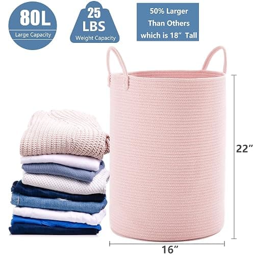 MOJOSCEND 80L Extra Large Pink Hamper Laundry Basket for Baby Girls Tall Nursery Hamper for Kids Woven Rope Clothes Basket for Little Girls Room Bedroom Light Pink Kawaii Tall Laundry Bin thumbnail 3