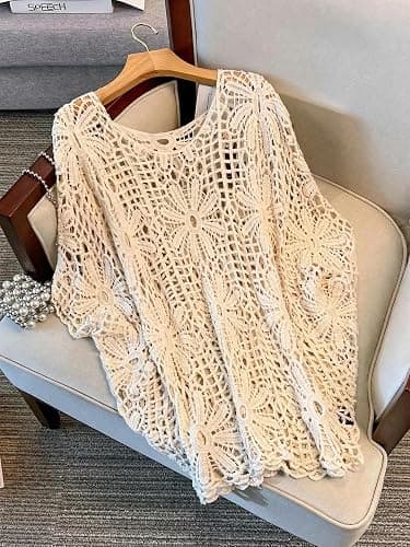 MakeMeChic Women's Plus Size Crochet Boho Tops Summer Vacation Beach Cover Ups Sweater thumbnail 7