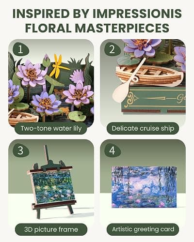 rowood Water Lily 3D Puzzle Building Set with LED,DIY Monet Wall Art Craft Kits for Adults,Home Decor Botanical Collection Gift on Christmas thumbnail 3