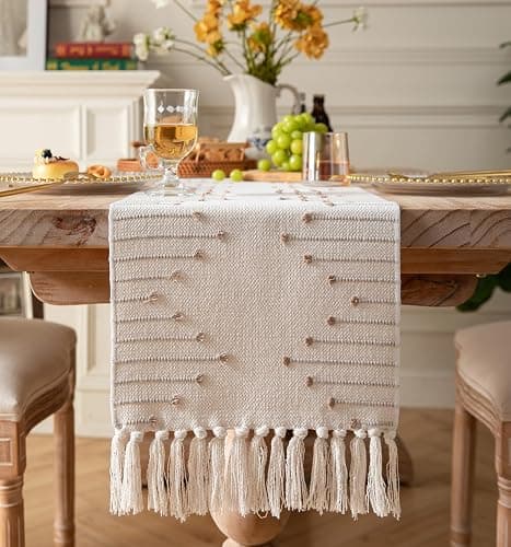 Boho Table Runner 13 x 72 Inch Long Natural Cotton Woven Runner with Tassels for Home Dining Table décor, for Modern Farmhouse Decor Coffee Table Runner, Taupe and Beige - Image 1