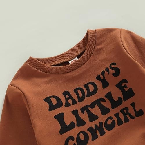 Karuedoo Toddler Baby Girl Western Outfit Letter Print Crewneck Sweatshirt Top Cow Flared Pants Set 2PCS Fall Winter Outfits thumbnail 3