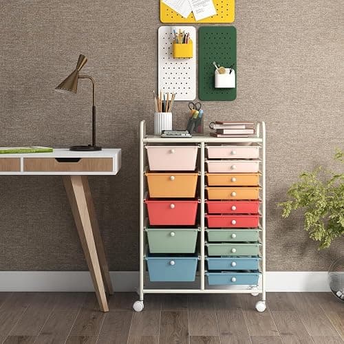 LDAILY 15 Drawer Rolling Storage Cart, Rolling Cart with Drawers for Classroom, Art Supply Craft Organizer on Wheel with Metal Frame & Handles for Home Office School thumbnail 8